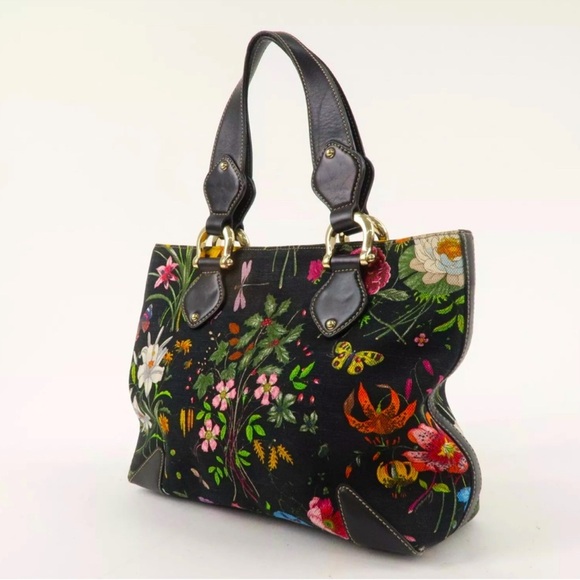 Authentic GUCCI Flora BLACK Canvas Leather Tote Bag - Picture 2 of 8